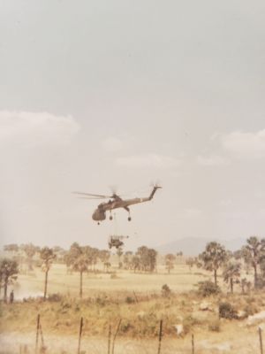 20230426_A421_SSH
Sky Crane helicopter ("Super Shit Hook") lifting out well-drilling rig, A421, Ba Xoai.  The well drilling rig was part of a Civic Action program aimed at drilling water wells for local communities.
Keywords: A421;Ba Xoai;Sky Crane;Civic Action